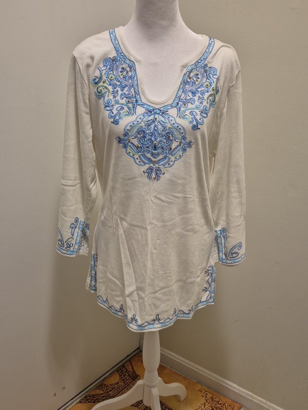Embroidered White Tunic Top with Blue Detail From Coldwater Creek